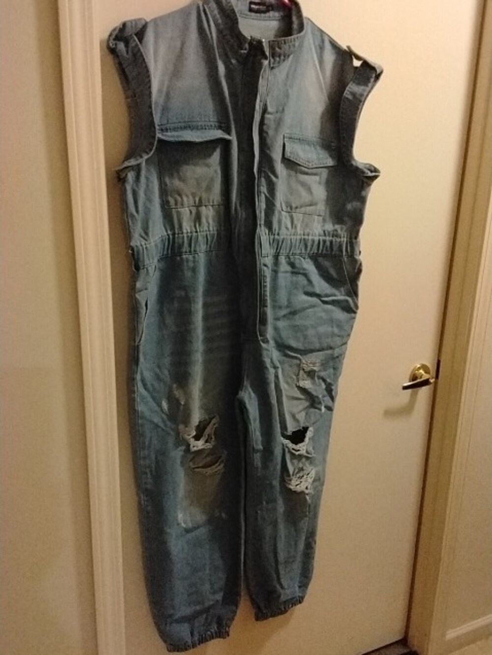 Distressed Blue Denim Women's Plus Jumpsuit - Casual Utility Style - Picture 3 of 5